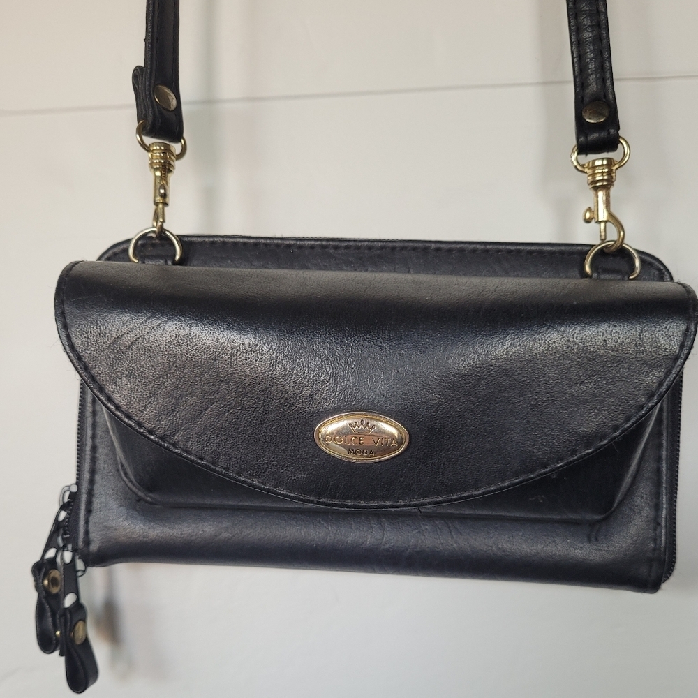 Dolce Vita Black Leather Crossbody Bag With Glasses Comparment